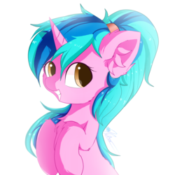 Size: 1400x1400 | Tagged: safe, artist:heddopen, artist:smolicecube, oc, oc only, pony, unicorn, bust, female, looking at you, mare, simple background, smiling, solo, white background