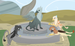 Size: 2807x1719 | Tagged: safe, artist:flicktransition, oc, oc only, oc:arvid, oc:flick transition, oc:plume, griffon, butt, coin, curse, greed, griffonstone, inanimate tf, magic, male, paws, petrification, plot, statue, transformation, trap (device), water