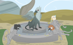 Size: 2807x1719 | Tagged: safe, artist:flicktransition, oc, oc only, oc:arvid, oc:flick transition, oc:plume, griffon, butt, coin, curse, greed, griffonstone, inanimate tf, magic, male, paws, petrification, plot, statue, transformation, trap (device), water