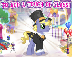 Size: 475x372 | Tagged: safe, gameloft, ponet, pony, unicorn, g4, ascot, ascot tie, clothes, cufflinks, cuffs (clothes), hat, male, meme, solo, stallion, suit, top hat, tuxedo, wow! glimmer