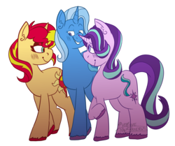 Size: 3000x2512 | Tagged: safe, artist:queertrixie, starlight glimmer, sunset shimmer, trixie, pony, unicorn, g4, blushing, female, high res, lesbian, lidded eyes, looking at each other, mare, polyamory, raised hoof, ship:shimmerglimmer, ship:startrix, ship:suntrix, shipping, simple background, smiling, startrixset, transparent background, unshorn fetlocks