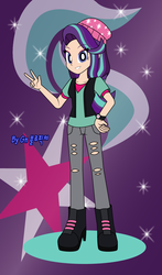 Size: 745x1263 | Tagged: safe, artist:bluepicture070881, starlight glimmer, equestria girls, g4, beanie, cutie mark, cutie mark background, female, hat, human coloration, light skin, peace sign, solo