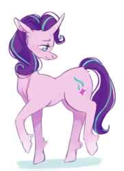 Size: 1024x1418 | Tagged: safe, artist:k9core, starlight glimmer, pony, unicorn, g4, female, floppy ears, frown, mare, raised hoof, sad, simple background, solo, unshorn fetlocks, white background