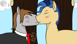 Size: 1178x685 | Tagged: safe, alternate version, artist:wyntermoon, oc, oc only, oc:brushed brew, oc:milky way, oc:spunky way, blushing, clothes, cloud, freckles, gay, kissing, male, multicolored hair, necktie, oc x oc, rule 63, shipping, spunkybrew, stallion, suit, tree, tree carving