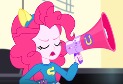 Size: 642x436 | Tagged: safe, screencap, pinkie pie, eqg summertime shorts, equestria girls, g4, steps of pep, eyes closed, female, megaphone, solo