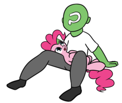 Size: 1135x960 | Tagged: safe, artist:neuro, pinkie pie, oc, oc:anon, earth pony, human, pony, g4, duo, female, human on pony petting, looking up, mare, on back, petting, simple background, sitting, transparent background