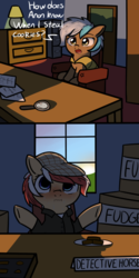 Size: 1200x2406 | Tagged: safe, artist:neuro, oc, oc only, oc:frosty hooves, blushing, comic, detective, fudge, hat, implied anon, magnifying glass, speech