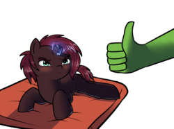 Size: 1665x1240 | Tagged: safe, artist:neuro, tempest shadow, oc, oc:anon, pony, g4, my little pony: the movie, blushing, horn, lying down, simple background, sparking horn, thumbs up, transparent background, wet mane