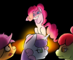 Size: 1024x834 | Tagged: safe, anonymous artist, apple bloom, pinkie pie, scootaloo, sweetie belle, earth pony, pegasus, pony, unicorn, g4, campfire, colored pupils, female, filly, fire, mare, scared, spooky, unamused