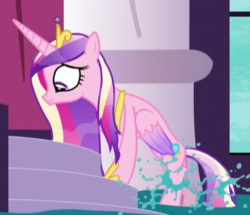 Size: 359x309 | Tagged: safe, screencap, princess cadance, alicorn, pony, g4, princess spike, cropped, crown, female, folded wings, jewelry, mare, regalia, solo, tiara, water, wet, wet mane, wings