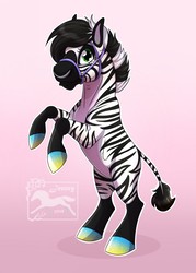 Size: 914x1280 | Tagged: safe, artist:jenery, oc, oc only, oc:tartlet, zebra, barely pony related, bridle, colored hooves, cute, female, gradient background, nose piercing, nose ring, piercing, quadrupedal, rearing, solo, tack, watermark, zebra oc