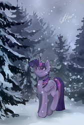 Size: 2700x4000 | Tagged: safe, artist:xjenn9, twilight sparkle, alicorn, pony, g4, female, folded wings, forest, looking at something, looking up, mare, smiling, snow, snowfall, solo, twilight sparkle (alicorn), winter