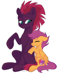 Size: 1419x1833 | Tagged: safe, artist:fioweress, fizzlepop berrytwist, scootaloo, tempest shadow, g4, my little pony: the movie, broken horn, cutie mark, duo, eye scar, horn, hug, scar, simple background, the cmc's cutie marks, transparent background