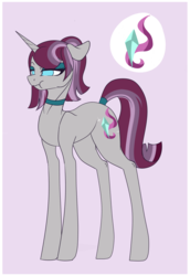 Size: 1529x2216 | Tagged: safe, artist:holoriot, oc, oc only, oc:jinx, pony, unicorn, choker, eyeshadow, female, magical lesbian spawn, makeup, mare, offspring, parent:maud pie, parent:starlight glimmer, parents:starmaud, purple background, simple background, solo
