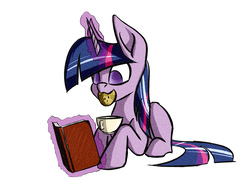 Size: 1752x1269 | Tagged: safe, artist:akweer, twilight sparkle, alicorn, pony, g4, book, bookhorse, cookie, cup, female, food, mare, mouth hold, no pupils, prone, reading, simple background, solo, teacup, twilight sparkle (alicorn), white background