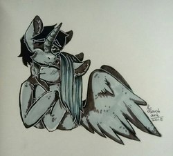 Size: 606x548 | Tagged: safe, artist:serodart, oc, oc only, pegasus, pony, unicorn, duo, ear fluff, female, hug, male, mare, monochrome, one eye closed, shipping, stallion, tongue out, traditional art