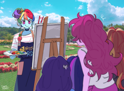 Size: 1197x874 | Tagged: safe, artist:dusty-munji, pinkie pie, rainbow dash, rarity, sunset shimmer, twilight sparkle, equestria girls, g4, alternate hairstyle, apron, blushing, canvas, clothes, cloud, flower, garden, multicolored hair, painting, palette, sky, smiling