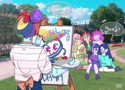 Size: 1231x887 | Tagged: safe, artist:dusty-munji, applejack, fluttershy, pinkie pie, rainbow dash, rarity, sunset shimmer, twilight sparkle, equestria girls, g4, clothes, cloud, flower, garden, grass, humane five, humane seven, humane six, mane six, masterpiece, narcissism, paint, painting, sky, smiling, tree