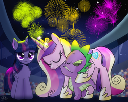 Size: 1320x1056 | Tagged: safe, artist:dsana, princess cadance, spike, twilight sparkle, alicorn, dragon, pony, equestria games (episode), g4, crown, eyes closed, female, fireworks, hug, jewelry, male, mare, regalia, smiling, spikelove, twilight sparkle (alicorn)