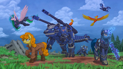 Size: 2500x1407 | Tagged: safe, artist:1jaz, carrot top, golden harvest, philomena, princess celestia, oc, oc:flint, alicorn, earth pony, phoenix, pony, robot, unicorn, g4, crossover, female, flying, glowing horn, goggles, gun, horn, machine, magic, male, mare, stallion, weapon, zoids