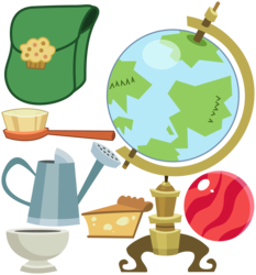 Size: 5594x6000 | Tagged: safe, artist:php11, .svg available, absurd resolution, ball, bowl, bowling ball, brush, cake, cake slice, cheesecake, clutter, food, globe, hairbrush, muffin, no pony, object, resource, saddle bag, vector, watering can