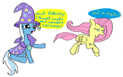 Size: 1264x793 | Tagged: safe, artist:artiks, derpibooru exclusive, fluttershy, trixie, pegasus, pony, unicorn, g4, cape, clothes, crying, dialogue, eyes closed, female, hat, lesbian, mare, raised hoof, running away, sad, shipping, simple background, sitting, trixie's cape, trixie's hat, trixieshy, white background