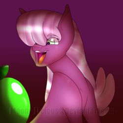 Size: 1280x1280 | Tagged: safe, artist:edgeyboiss, cheerilee, earth pony, pony, g4, apple, female, food, mare, open mouth, smiling, solo