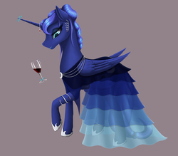 Size: 2400x2100 | Tagged: safe, artist:nalesia, princess luna, alicorn, pony, g4, alcohol, alternate hairstyle, clothes, dress, female, glass, glowing horn, high res, hoof shoes, horn, horn jewelry, jewelry, magic, mare, simple background, socks, solo, telekinesis, thigh highs, wine, wine glass