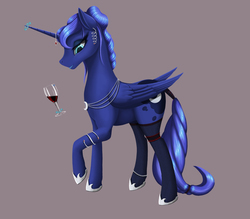 Size: 2400x2100 | Tagged: safe, alternate version, artist:nalesia, princess luna, alicorn, pony, g4, alternate hairstyle, clothes, female, glass, glowing horn, high res, hoof shoes, horn, horn jewelry, jewelry, magic, mare, simple background, socks, solo, tail wrap, telekinesis, thigh highs, wine glass