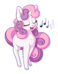 Size: 1100x1400 | Tagged: safe, artist:bobdude0, artist:handsockz, sweetie belle, pony, unicorn, blank flank, collaboration, cute, diasweetes, eyes closed, female, filly, horn, music notes, open mouth, simple background, singing, solo, transparent background