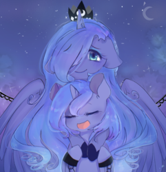 Size: 752x781 | Tagged: safe, artist:windymils, princess luna, alicorn, pony, crescent moon, cute, eyes closed, female, filly, filly luna, floppy ears, lunabetes, moon, night, self ponidox, shackles, stars, woona, younger