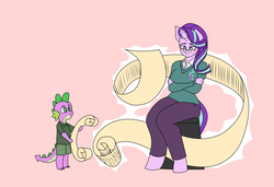 Size: 4680x3196 | Tagged: safe, artist:franschesco, spike, starlight glimmer, dragon, unicorn, anthro, unguligrade anthro, g4, anatomically incorrect, clothes, female, glasses, glowing horn, horn, incorrect leg anatomy, list, magic, mare, pants, pink background, shirt, shorts, simple background