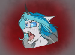 Size: 1964x1454 | Tagged: safe, artist:blackblood-queen, oc, oc only, oc:bubble lee, oc:imago, changeling, changeling oc, curved horn, disguise, disguised changeling, fangs, female, freckles, horn, mare, open mouth, solo, transformation