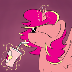 Size: 1280x1280 | Tagged: safe, artist:phat_guy, derpibooru exclusive, oc, oc only, unnamed oc, alicorn, pony, alicorn oc, bust, cup, drink, drinking, drinking straw, drop, female, food, glowing horn, horn, juice, lemonade, levitation, looking at you, magic, mare, one eye closed, simple background, smiling, solo, spread wings, straw, strawberry, telekinesis, wings, wink