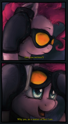 Size: 1085x1960 | Tagged: safe, artist:plotcore, pinkie pie, earth pony, pony, g4, clothes, comic, cute, dialogue, female, frown, gloves, goggles, hoof hold, looking up, mare, open mouth, phone, serious, serious sam, smiling