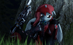 Size: 2826x1769 | Tagged: safe, artist:skyleesfm, oc, oc only, oc:lovers, pegasus, anthro, 3d, against tree, clothes, female, flower, gloves, grass, pants, sitting, solo, source filmmaker, tree