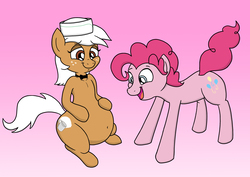 Size: 2412x1704 | Tagged: safe, artist:banebuster, pinkie pie, oc, oc:beignet, earth pony, pony, g4, bubble berry, female, mare, pregnant, rule 63, sitting