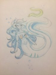 Size: 1024x1365 | Tagged: safe, artist:shadowfoxdrawings, oc, oc only, oc:arctic, merpony, anthro, breasts, bubble, female, fish tail, flowing mane, smiling, solo, tail, traditional art, underwater, water