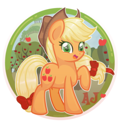 Size: 2032x2100 | Tagged: safe, artist:talentspark, part of a set, applejack, earth pony, pony, g4, bow, cowboy hat, cute, female, hat, high res, jackabetes, raised hoof, solo, sweet apple acres, tail bow