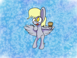 Size: 1600x1200 | Tagged: safe, artist:rafuki, derpy hooves, pegasus, pony, g4, abstract background, female, flying, food, mare, muffin, no pupils, shading, solo