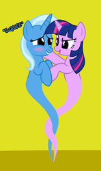 Size: 362x612 | Tagged: safe, artist:navitaserussirus, trixie, twilight sparkle, genie, asktwixiegenies, g4, blush sticker, blushing, cropped, female, geniefied, lesbian, ship:twixie, shipping, simple background, squee, yellow background