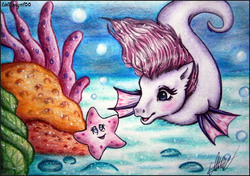 Size: 3078x2161 | Tagged: safe, artist:lolliangel00, artist:lolliangel123, sealight, pony, sea pony, starfish, g1, coral, female, high res, ocean, solo, traditional art, underwater
