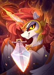Size: 1750x2425 | Tagged: safe, artist:yakovlev-vad, daybreaker, alicorn, pony, g4, armor, colored sclera, crown, evil eyes, evil grin, female, fire, furrowed brow, glare, glowing, glowing horn, grin, high res, horn, imminent death, impending doom, jewelry, levitation, lidded eyes, looking at you, magic, magic aura, mare, rearing, regalia, slender, slit pupils, smiling, smiling at you, smirk, solo, spread wings, sword, telekinesis, thin, this will end in death, this will end in pain, this will end in tears and/or death, weapon, wing armor, wings