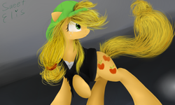 Size: 900x540 | Tagged: safe, artist:elisdoominika, applejack, earth pony, pony, g4, abstract background, cap, clothes, female, hat, looking back, mare, raised hoof, solo