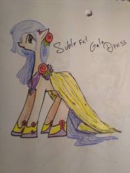 Size: 723x960 | Tagged: safe, artist:elisdoominika, oc, oc only, oc:suble evil, earth pony, pony, clothes, dress, gala dress, hoof shoes, solo, traditional art