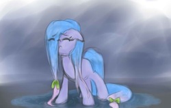 Size: 554x350 | Tagged: safe, artist:elisdoominika, oc, oc only, oc:violet hope, bow, female, filly, rain, sad, solo, wet