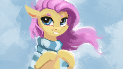 Size: 1920x1080 | Tagged: safe, artist:hierozaki, fluttershy, pegasus, pony, g4, bust, clothes, cute, eyebrows, female, hooves together, looking at you, portrait, scarf, smiling, solo, windswept mane
