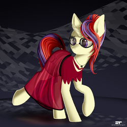 Size: 1200x1200 | Tagged: dead source, safe, artist:styroponyworks, moondancer, pony, unicorn, g4, abstract background, alternate hairstyle, anatomically incorrect, beautiful, clothes, dress, female, incorrect leg anatomy, jewelry, mare, pendant, pilcrow, see-through, smiling, solo