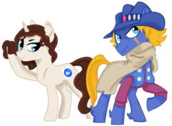 Size: 1111x817 | Tagged: safe, artist:dbkit, oc, oc only, oc:accel, oc:stamp, earth pony, pony, unicorn, cape, clothes, commission, duo, hat, scar, simple background, transparent background