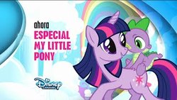 Size: 320x180 | Tagged: safe, screencap, spike, twilight sparkle, dragon, g4, announcement, disney channel, spanish, spanish text